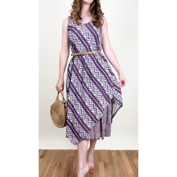 Vintage Anokhi Block Print Boho Lagenlook Midi Dress Relaxed Fit Slip 70's 80's - Picture 3 of 5